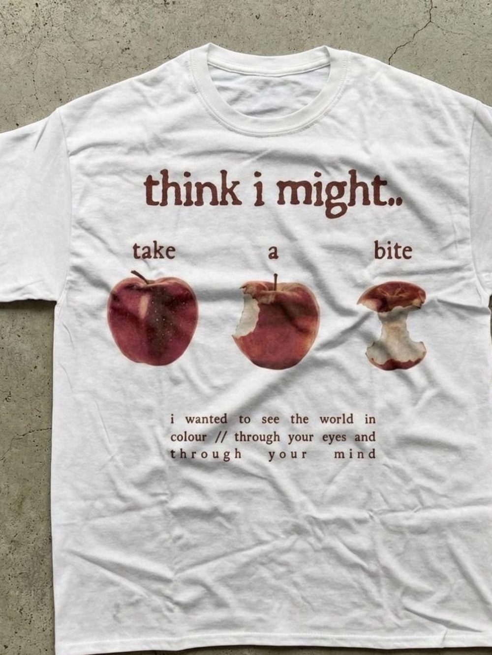 White "think i might" Graphic Tee with Apple Print